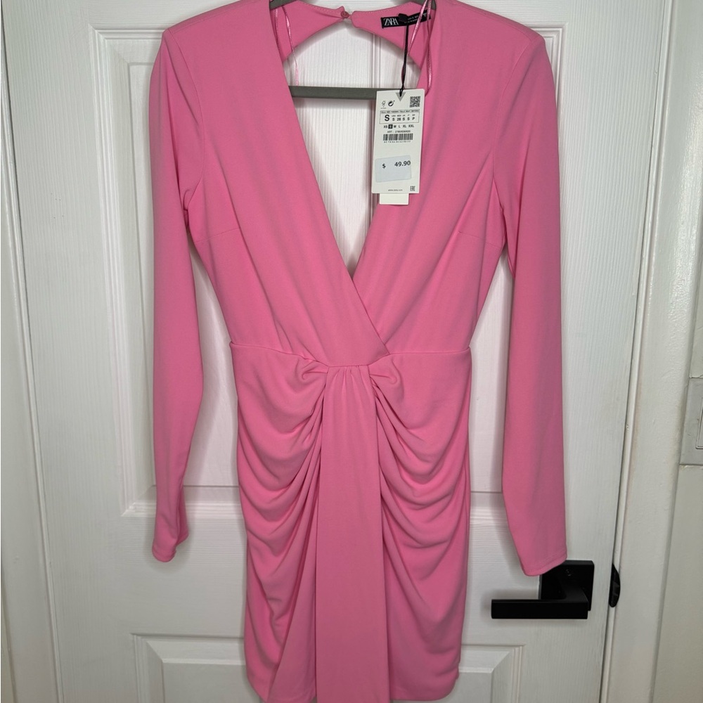 Zara Pink Ruched Long Sleeve Bodycon Dress
